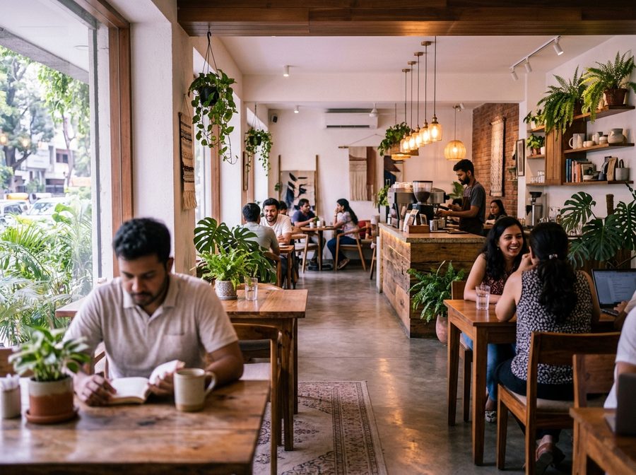 Bright modern local cafe interior representing a local business client