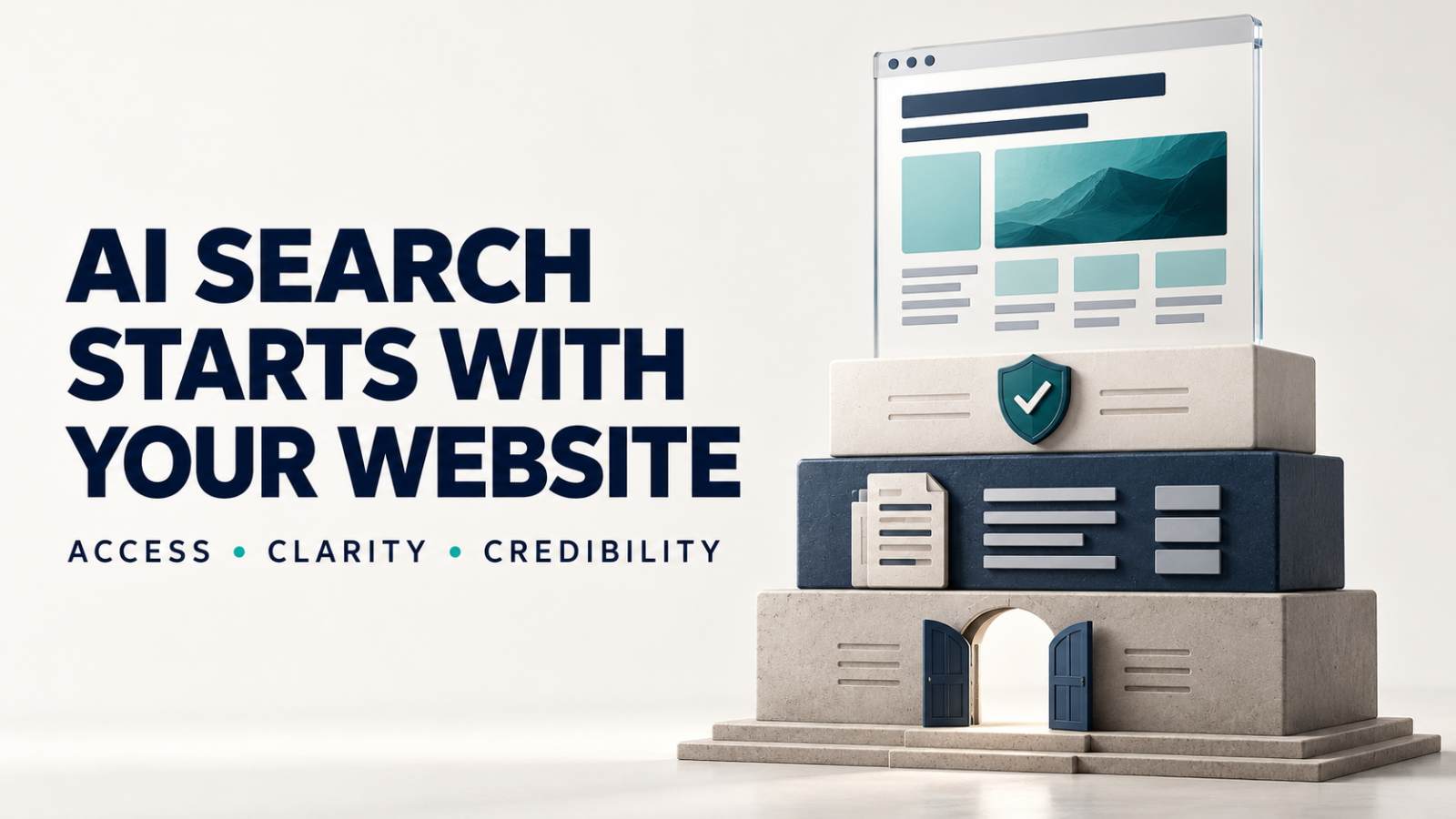 Three stacked layers labeled Access, Clarity, and Credibility showing the foundations of AI search readiness for a website